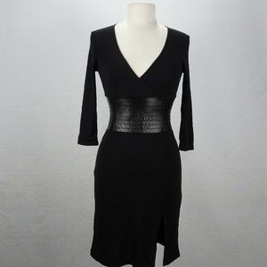 BCBGMAXAZRIA Size XS Black Waist Tie Leather Panel V Neck 3/4 Sleeves Dress